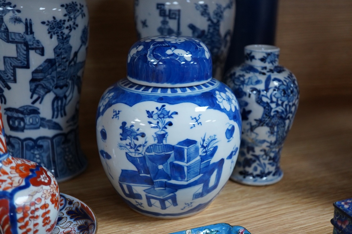 A pair of Chinese blue and white vases and covers and three other items, together with Japanese ceramics, cloisonné and Canton enamelware (11)